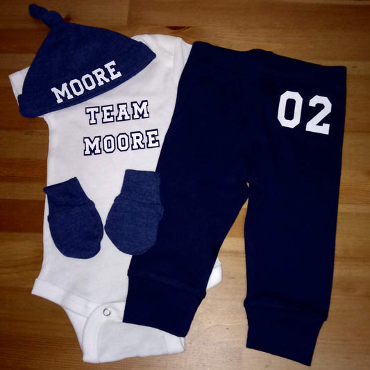 Baby boy coming home 4 piece outfit, Team (Last name)